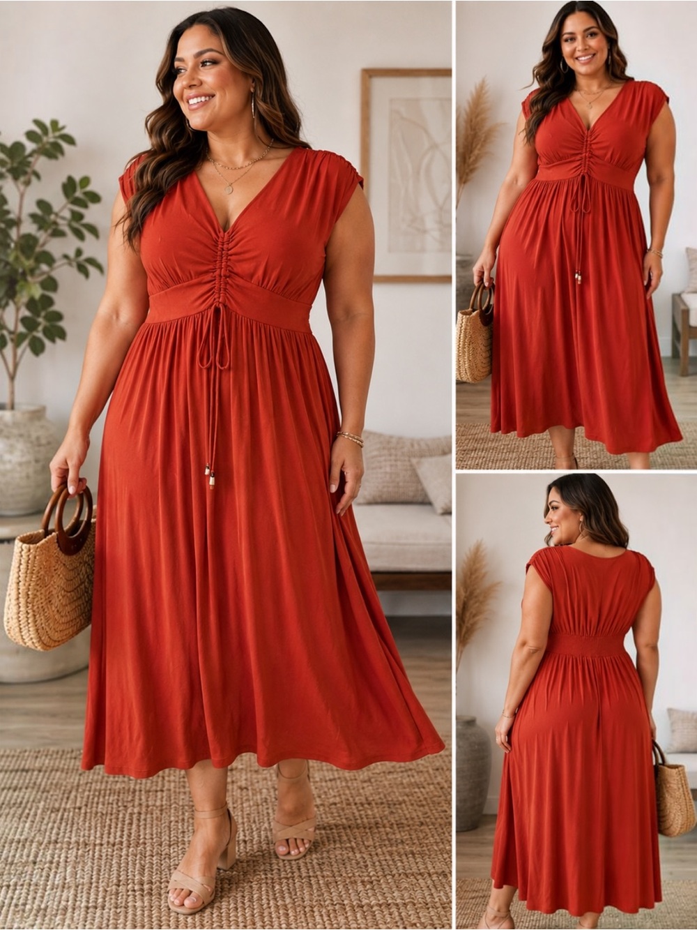 Nine West XXL Rust Orange Ruched Drawstring V Neck Midi Dress Stretch